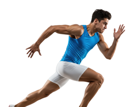 Dynamic sprinting athlete in action indoor gym sports energetic environment side fitness concept. Cut out PNG