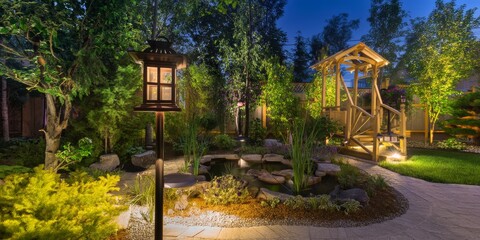Obraz premium Traditional Japanese architecture with a wooden gazebo in a tranquil garden, surrounded by trees and a water feature