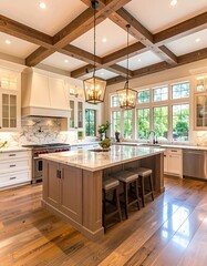 Spacious, light-filled kitchen with exposed beams