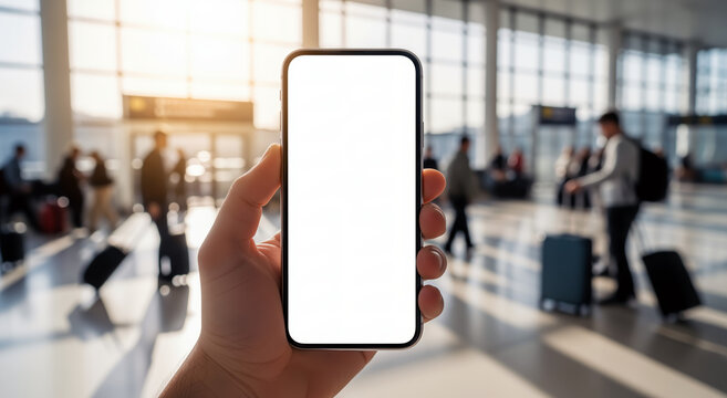 Hand holding smartphone with blank white screen mockup inside modern airport terminal with travelers and luggage in background