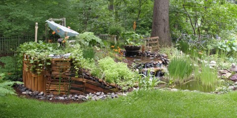 Green grass and vibrant flowers grow around an abandoned stone building under a clear sky