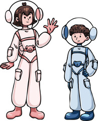 two cartoon astronauts in space suits, one taller and one shorter