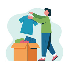 Fototapeta premium Vector donating clothes to charity concept illustration for reuse and recycle fashion and sustainable lifestyle