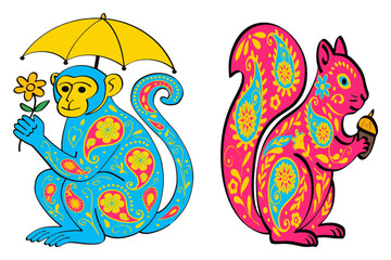 Hand Drawn Indian Folk Art Animals, Monkey with Umbrella and Squirrel with Paisley Motifs