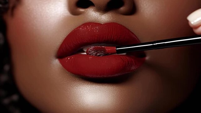 Professional make up artist carefully applying vibrant red lipstick on model's lips using precise cosmetic brush, showcasing meticulous beauty technique and glamorous makeup transformation