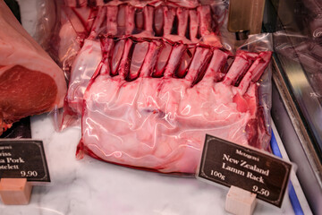 New Zealand lamb rack on display at a butcher shop in Zurich, Switzerland © SvetlanaSF