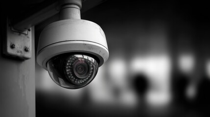 Surveillance camera detail, watchful eye in grayscale, blurred background