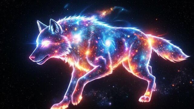 A spiritual wolf made of glowing cosmic energy, stars, and colorful nebula running through space