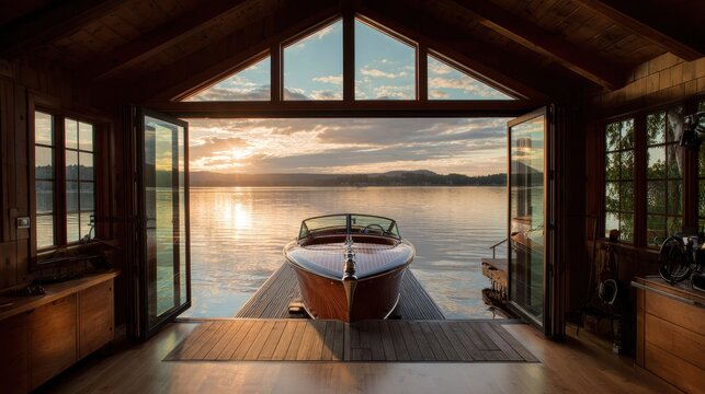 Wooden boat house opens to a lake with a boat at sunset, beautiful peaceful scene