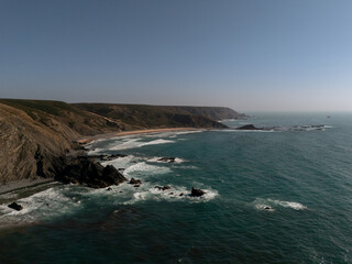 Aerial view of Atlantic coastline with cliffs and beach, Algarve, Portugal