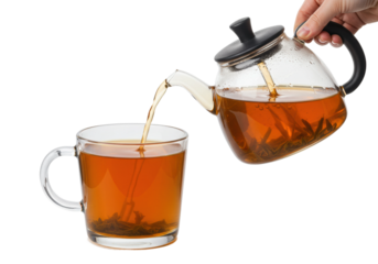 Pouring herbal tea into a glass cup kitchen setting beverage bright environment. Cut out PNG