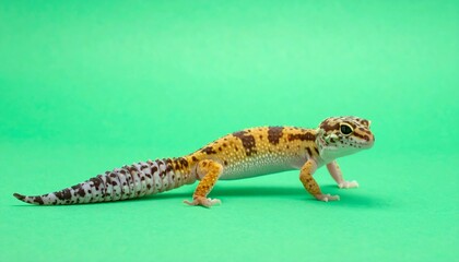 Naklejka premium Colorful leopard gecko on a vibrant green background, showcasing its natural beauty