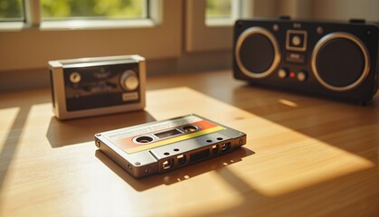 Vintage cassette tape on a wooden table with a retro boombox and a portable tape player, soft sunlight streaming in, nostalgic concept of music stores or vintage audio shops