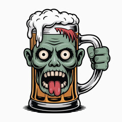 Fototapeta premium Zombie holding a beer mug ready to party, a fun and spooky illustration for Halloween or themed events, perfect for promotional material