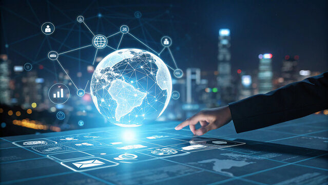 business woman touching virtual screen - Powered by Adobe