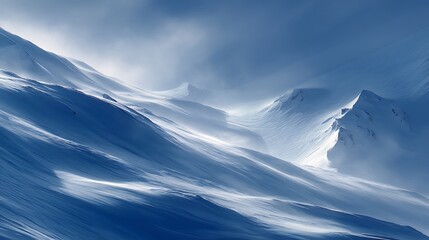 Awesome photo of abstract snow drifts and wind swept mountain slopes in soft blue light.