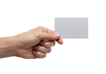Hand holding blank card for business networking office space professional environment identity concept. Cut out PNG