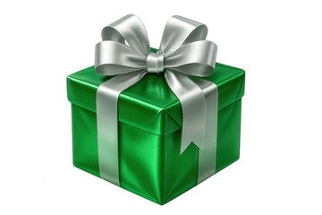 Obraz premium Shiny green present adorned with silver ribbon, gleaming against transparent backdrop, symbolizing celebratory moments and festive gifting