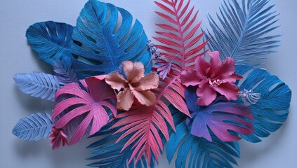 Vibrant, colorful paper tropical leaves and flowers