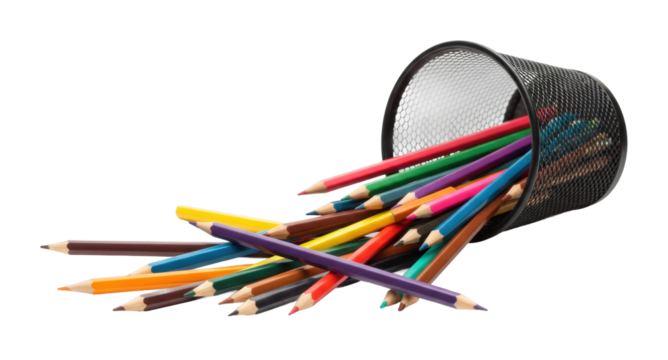 Creative chaos spilled colored pencils in office workspace artistic environment. Cut out PNG