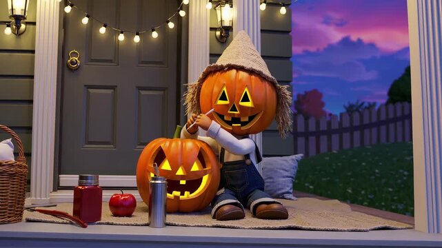 Pumpkin Head Scarecrow Carving Jack O'Lanterns on Front Porch at Sunset 3D style
