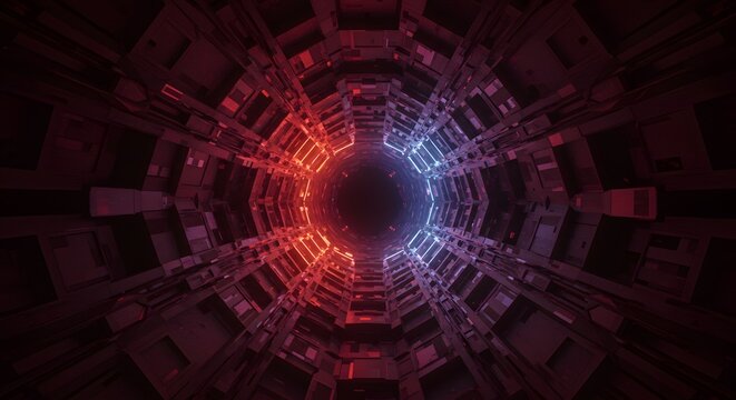 A futuristic tunnel lit with a mesmerizing red and blue gradient, creating an optical illusion