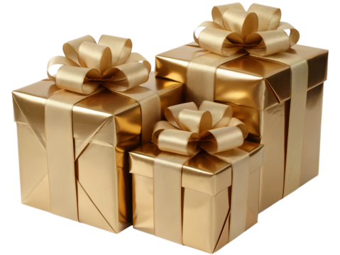 Png golden gift boxes presents with bows for christmas birthday celebration and special occasion holiday presents Isolated on white background