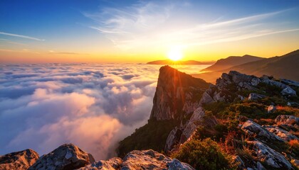 Sunrise over mountain peaks shrouded in clouds (3)