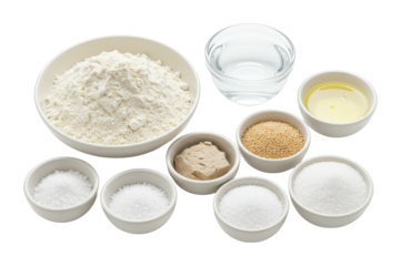 Baking essentials flour yeast and ingredients preparation in kitchen food home environment. Cut out PNG