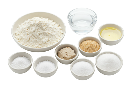 Baking essentials flour yeast and ingredients preparation in kitchen food home environment. Cut out PNG