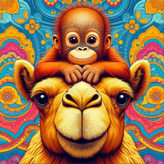 An illustration of a small monkey sitting on the head of a camel against the background of a bright multicolored fractal pattern. Vector graphics. EPS.