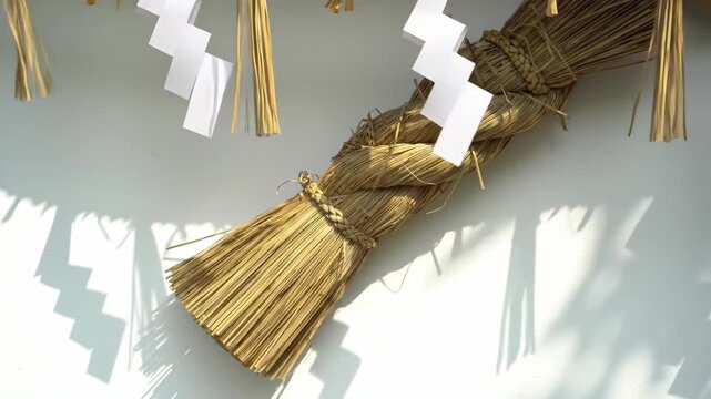 Shimenawa Sacred Rope with Paper Shide Decorations for Japanese New Year Rituals