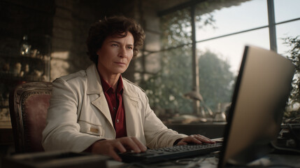 Fototapeta premium Cluttered lab with scattered equipment, soft light from window, middle-aged scientist testing wearable with sensors, detailed textures on lab coat and sensors.