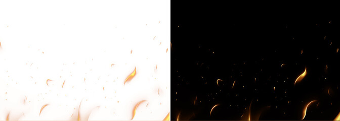 Fire and sparks background. PNG illustration of glowing yellow and orange flames with embers...