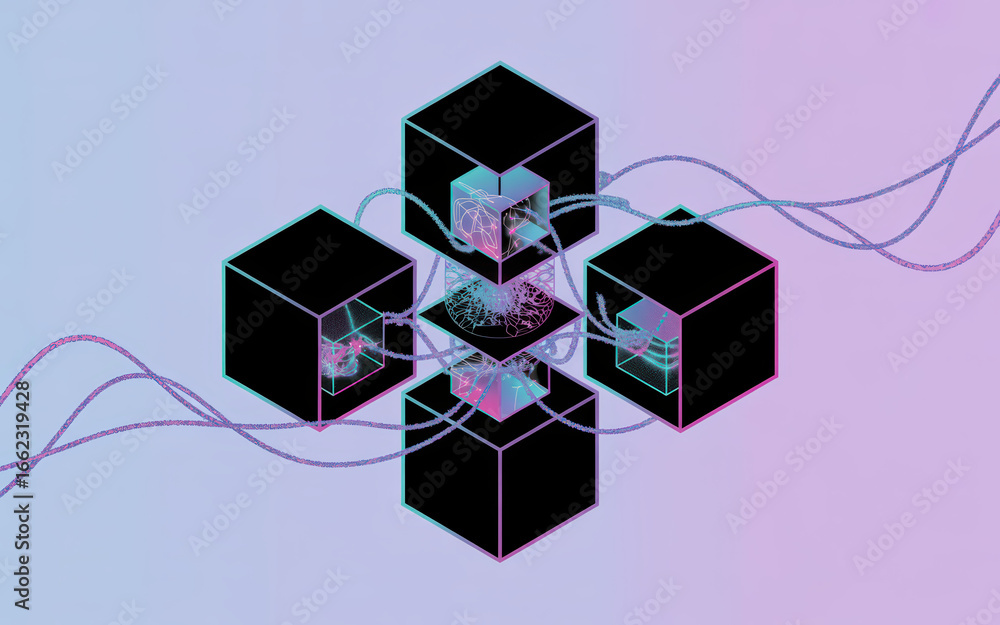 Poster futuristic networked data cubes interconnected with vibrant neon lines on soft gradient background