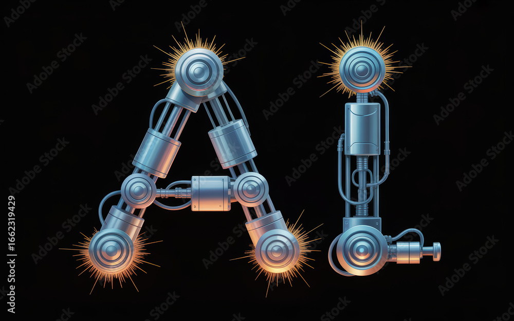 Poster futuristic metal typography of ai with sparks emitting from robotic elements against a dark backgrou