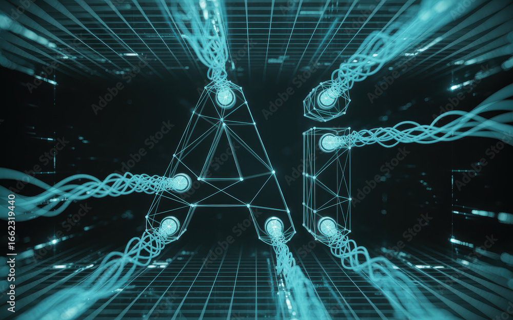 Poster futuristic ai concept with neon blue 3d grid and data streams in a dark digital environment