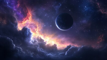 Fototapeta premium Colorful celestial clouds and a distant planet in a vibrant cosmic expanse.