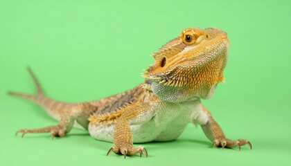 Obraz premium Curious orange bearded dragon lizard posing for a studio portrait on a green screen