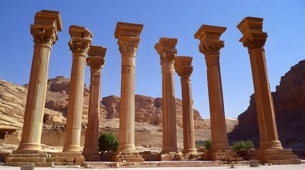 Fototapeta premium Ancient Stone Columns Temple Ruins Desert Landscape