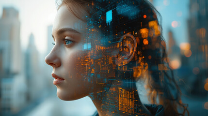 Thoughtful Young robot Woman, Futuristic Digital Overlay, Cityscape Background, Contemplative Mood, Tech Innovation Concept