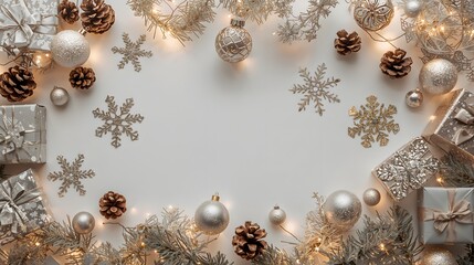 Flat lay of christmas decorations, gift boxes, pine cones, warm lights, white background, cozy and festive mood