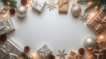 Flat lay of christmas decorations, gift boxes, pine cones, warm lights, white background, cozy and festive mood
