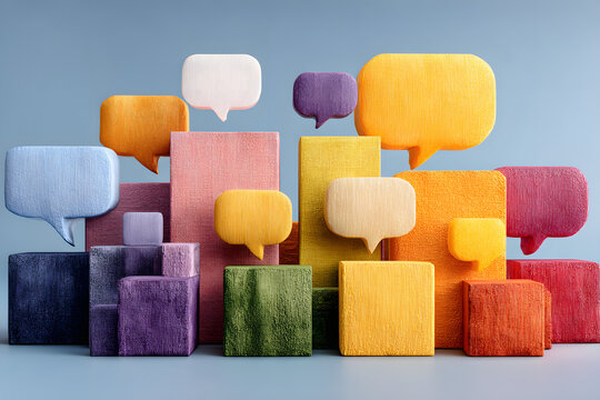 The concept of inclusive language is illustrated by colorful cubes and speech bubbles