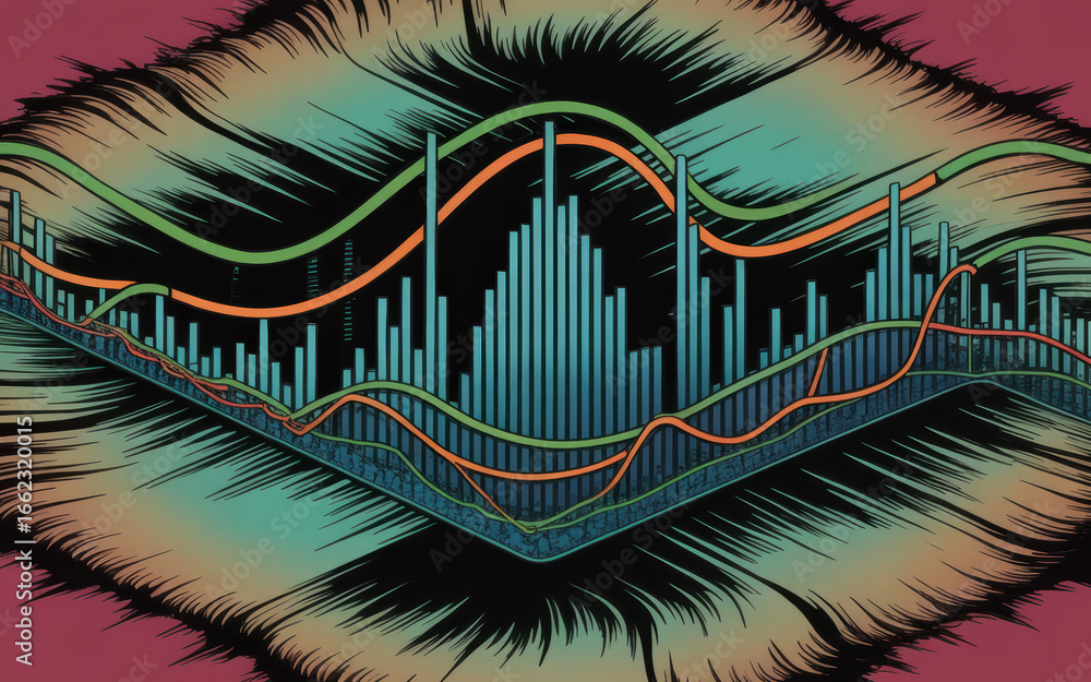 Poster dynamic visualization of data trends with vibrant color waves and abstract background