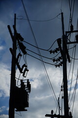 Silhouette of electricity poles and power lines against a cloudy sky. Industrial infrastructure and high voltage cables creating geometric patterns
