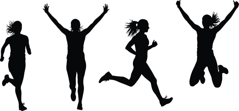 Athlete silhouette set, running jumping celebrating poses, black vector illustration, sports movement icons, fitness activity clipart, dynamic motion graphics