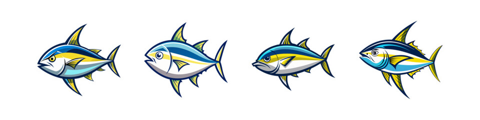 A colorful lineup of four detailed illustrations of tuna fish