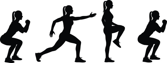 Exercise movement silhouette set, fitness pose vector icons, workout routine illustration, squats lunges balance training, gym activity graphic