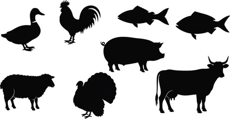 Farm animal icon set, duck rooster pig cow sheep turkey fish silhouettes, black vector illustration, agriculture education clipart © IconicCreations